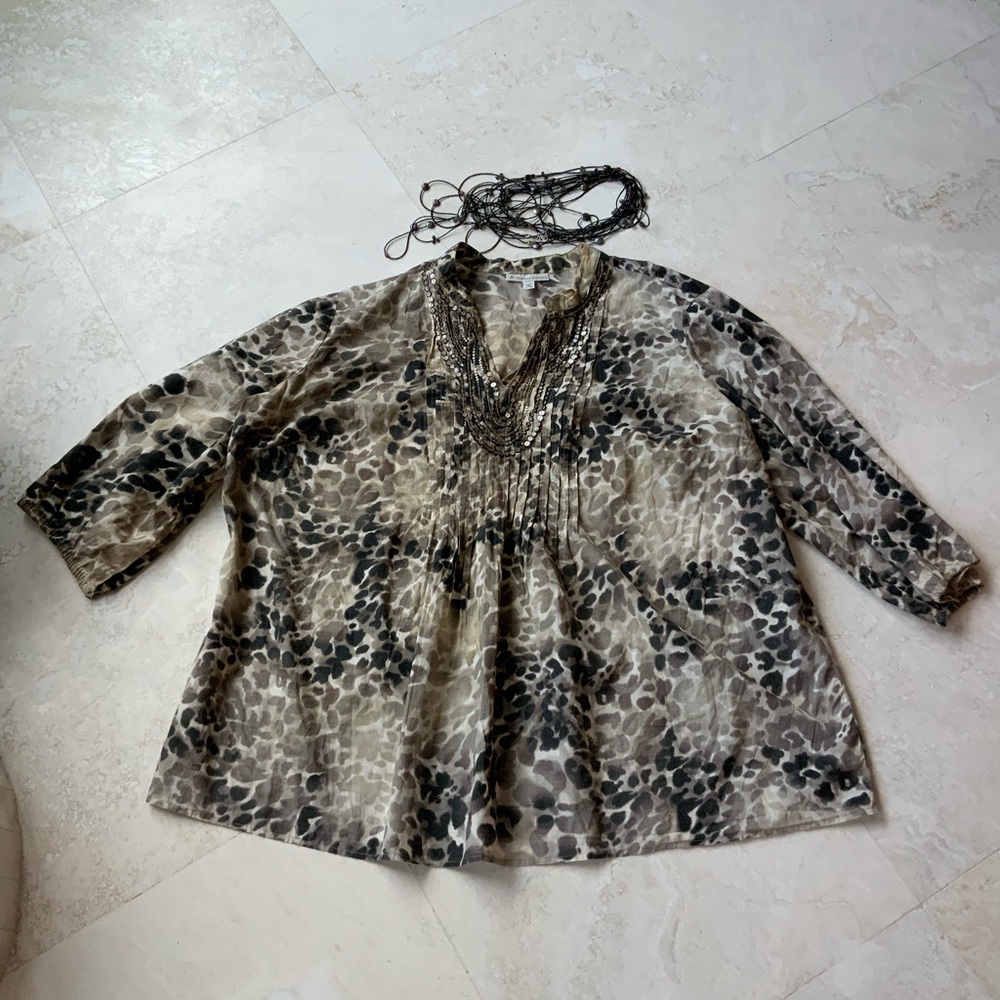 JM Collection Fun Tan and Brown Long Sleeve A-line  Tunic 20W - Picture 6 of 6